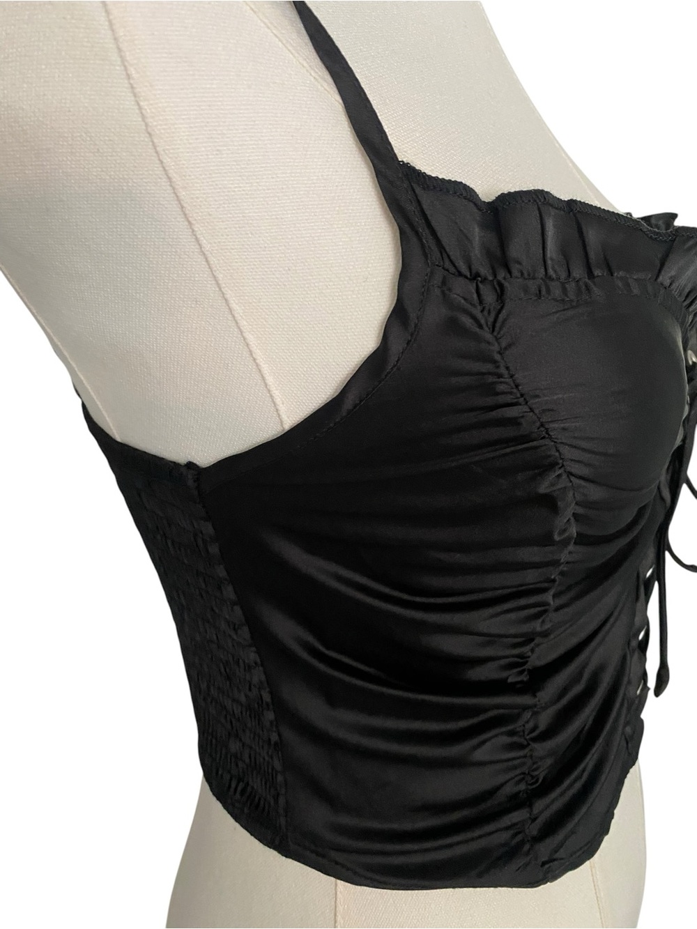 Cider Black Satin Lace-Up Ruched Bustier Crop Top - Picture 2 of 5